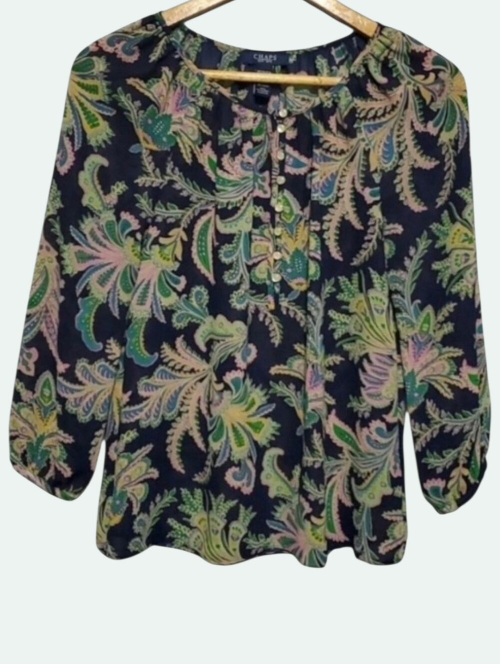Chaps Blouse Womens xs Peasant Popover Paisley Sheer Artsy Lightweight Color Pop